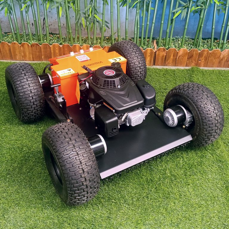 remotely controlled wheeled grass trimmer made by Vigorun Tech, Vigorun wireless tracked mowing robot for sale